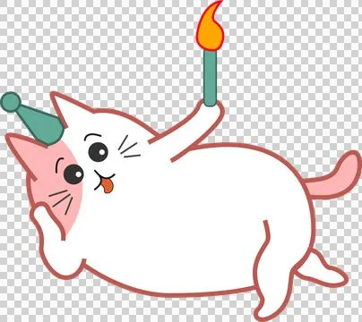 Flat design cartoon cat is lying with green party hat, holding lit candle, Stock Illustration