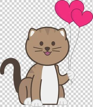 Flat design cartoon cat is sitting on transparent background, holding two pink Stock Illustration