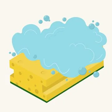 Flat design of cartoon sponge with foam. Dishes washing, household chores too Stock Illustration