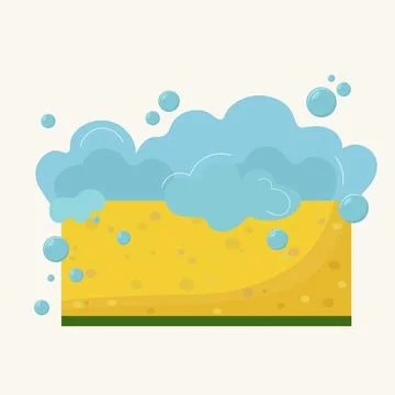 Flat design of cartoon sponge with foam. Dishes washing, household chores too Stock Illustration
