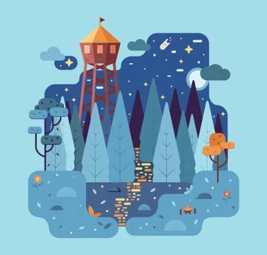 Flat design cartoon vector illustration - half-timbered wood tower and forest Stock Illustration