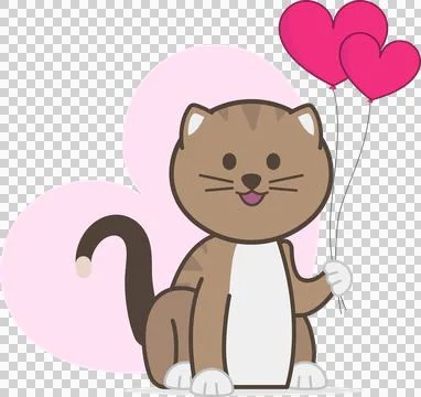 Flat design cat is holding three pink heart balloons against pink heart with Stock Illustration