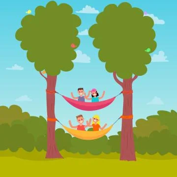 Flat Design Characters Camping Hammocking on a Tree. Vector Stock Illustration