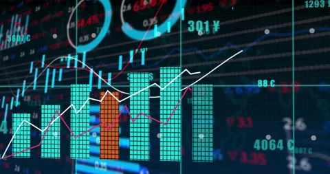 Flat design chart reacting to trend lines, adding bars and labels, visualizing Stock Footage 312481603