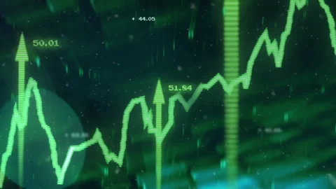 Flat design chart showing fluctuating green line graph with upward arrows and Видео 309101349