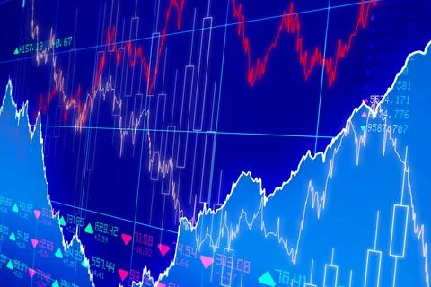 Flat design chart showing line and candlestick overlays with grid, numbers, Stock Illustration
