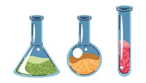 Flat Design Chemistry Set with Test Tubes and Flasks on White Background Stock Illustration