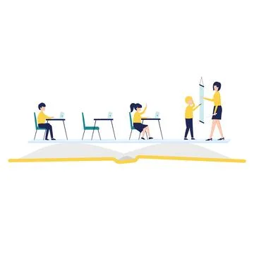 Flat design, children working on laptop, teacher teach, informatics lesson in Stock Illustration