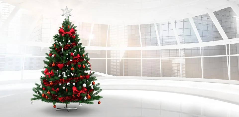 Flat design Christmas tree is standing on glossy platform in atrium with red Stock Illustration