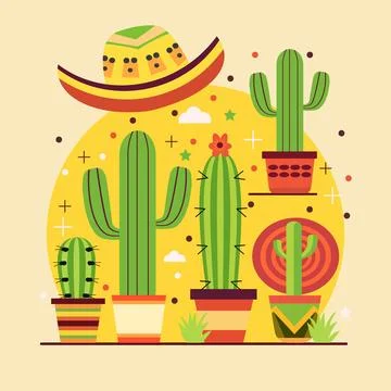 Flat Design of Cinco De Mayo Celebration in Mexico with Cowboy Hat Cactus 스톡 일러스트
