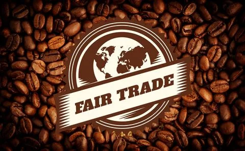 Flat design circular fair trade seal with world map is being shown over roasted Illustrazione stock