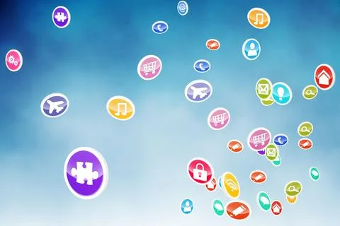 Flat design circular icons drifting across blue gradient featuring large purp イラスト素材