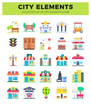 Flat design city element icons. Ilustración de archivo