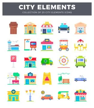 Flat design city elements collection with icons Stockillustratie