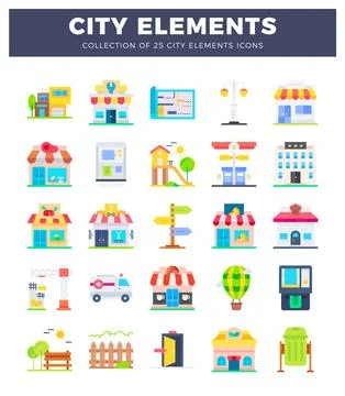 Flat design city elements icons collection showing buildings and urban object Illustrazione stock