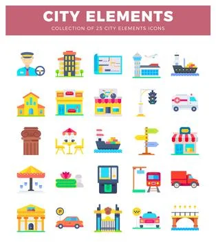 Flat design city elements icons collection 库存插图