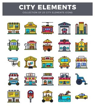Flat design city icons featuring buildings. vehicles. and street elements. .. Stock Illustration