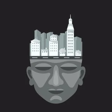 Flat design of city on a man's head Stock Illustration