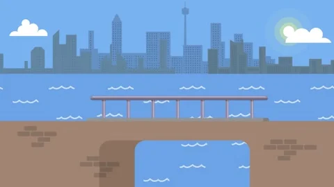 Flat design city skyline across the water with pier Stock Footage 340471565