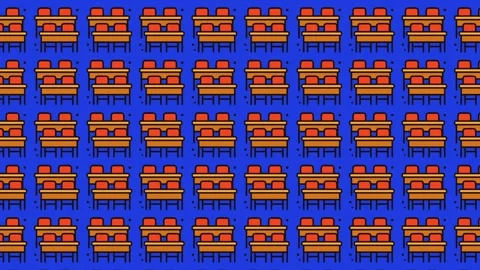 Flat design classroom desk pattern on blue background for 2025 education Stock Footage 344909070