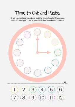 Flat design clock cut and paste for kids worksheet activity printable Stock Illustration
