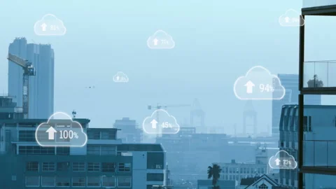 Flat design cloud icon displaying 100% with upward arrow floating over hazy city Stock Footage 307428971