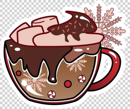 Flat design cocoa mug is dripping glaze over marshmallows and red sprinkles, Illustrazione stock