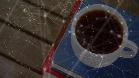 Flat design coffee cup sitting on stacked blue and red books while network Video stock 307445792