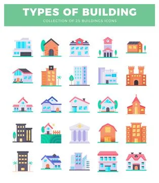Flat design collection of diverse building icons on a white background. sho.. Ilustração Stock