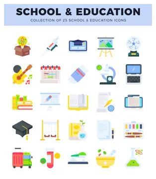 Flat design collection of school and education icons in a grid layout on a .. Stock Illustration