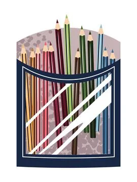 Flat Design Colored Pencils in Box on White Background. Vibrant Artist Set for Stock Illustration