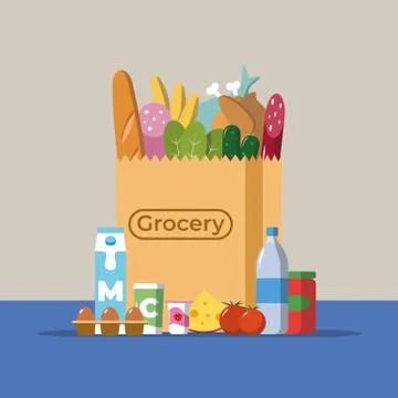 Flat design colored vector illustration of food and drink products falling down Stock Illustration