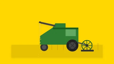 Flat Design Combine Harvester Reaping Grain with Rotating Header on Yellow .. Stock Footage 346612276