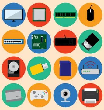 Flat Design Computer Hardware and Device, Vector Illustration 库存插图