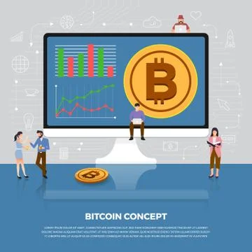 Flat design concept bitcoin cryptocurrency.  Group people development icon bi Stock Illustration