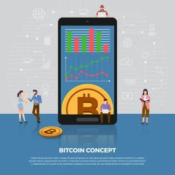 Flat design concept bitcoin cryptocurrency.  Group people development icon bi Stock Illustration