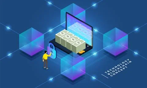 Flat design concept blockchain and cryptocurrency technology. Composition for Stock Illustration