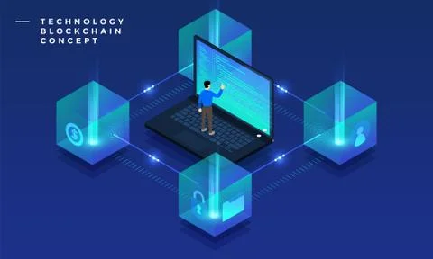 Flat design concept blockchain and cryptocurrency technology. Composition for Stock Illustration