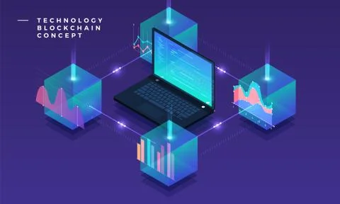 Flat design concept blockchain and cryptocurrency technology. Composition for Stock Illustration