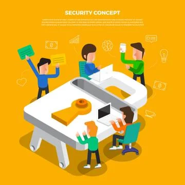 Flat design concept brainstorm working on desktop icon Security. Vector illus Stock Illustration
