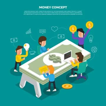 Flat design concept brainstorm working on desktop icon Money. Vector illustra Stock Illustration