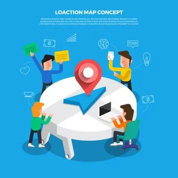 Flat design concept brainstorm working on desktop icon Location Map. Vector i Stock Illustration
