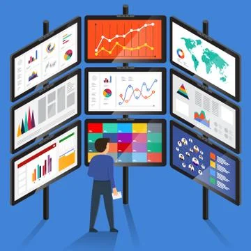 Flat design concept businessman analysis digital data. Vector illustrate Stock Illustration