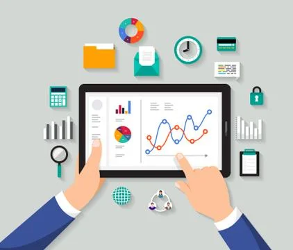 Flat design concept businessman analysis digital data. Vector illustrate Stock Illustration