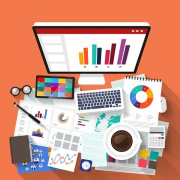 Flat design concept businessman analysis digital data. Vector illustrate Stock Illustration