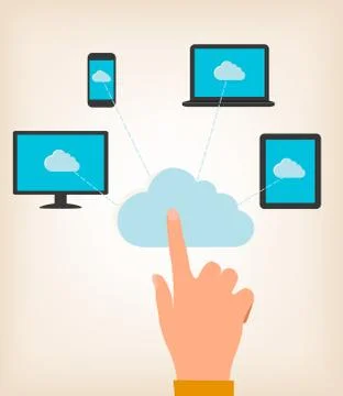 Flat design concept of cloud computing concept with hand and computer devices Stock Illustration