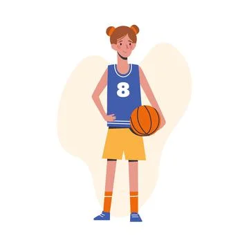 Flat design concept with cute kid with basketball ball. Little girl, basketball Stock Illustration