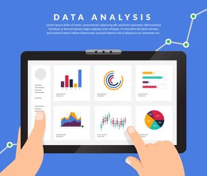 Flat design concept data analysis. Visualize with graph and chart marketing g Illustrazione stock