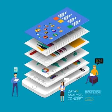 Flat design concept data analysis. Visualize with graph and chart marketing g Illustrazione stock