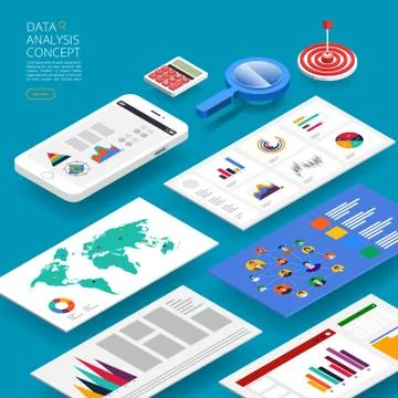 Flat design concept data analysis. Visualize with graph and chart marketing g Illustrazione stock